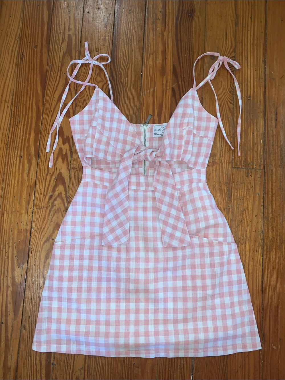 Seven Wonders Pink and White Gingham Tie Strap Cutout Mini Dress